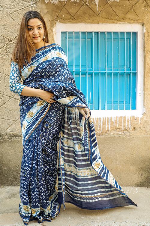 Wheels of Time: DABU INDIGO Handblock Printed Chanderi Silk Saree