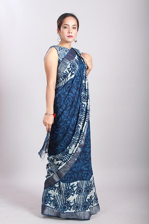 Indigo Dabu Handblock Print Slub Cotton Saree-13