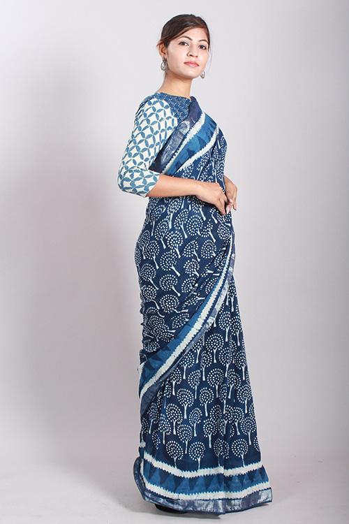 Indigo Dabu Handblock Print Slub Cotton Saree-14