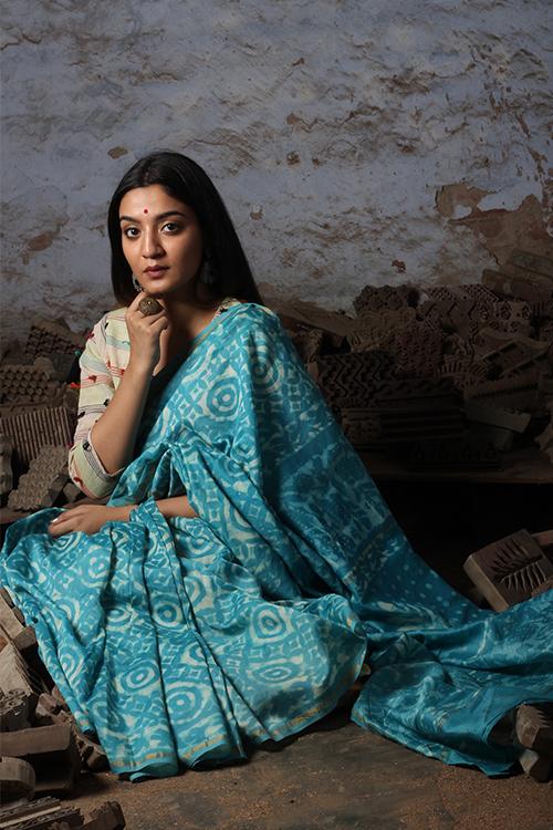 Sea Blue: Kashish Dabu Handblock Printed Chanderi Silk Saree