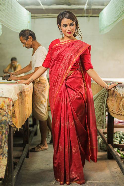 Hand Block Printed Chanderi Silk Saree-15