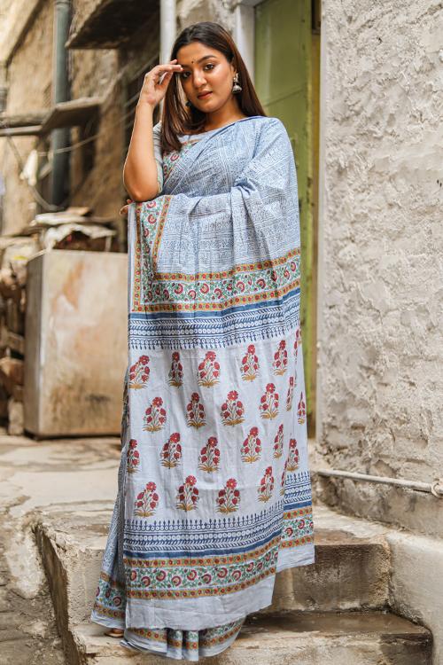 Afternoon Breeze: Handblock Print Mul Cotton Saree