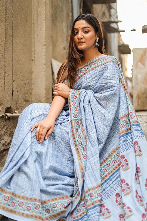 Afternoon Breeze: Handblock Print Mul Cotton Saree