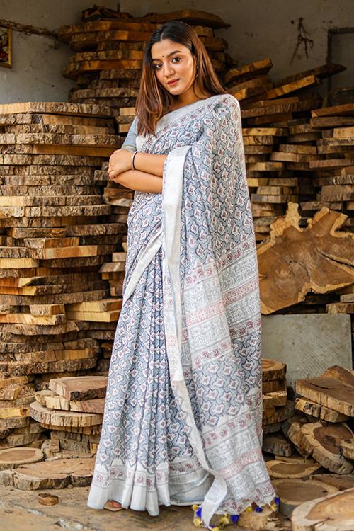 Bliss : Handblock Print Slub Cotton Saree