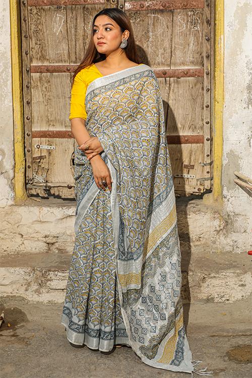 Tippy-Top: Handblock Printed Slub Cotton Saree