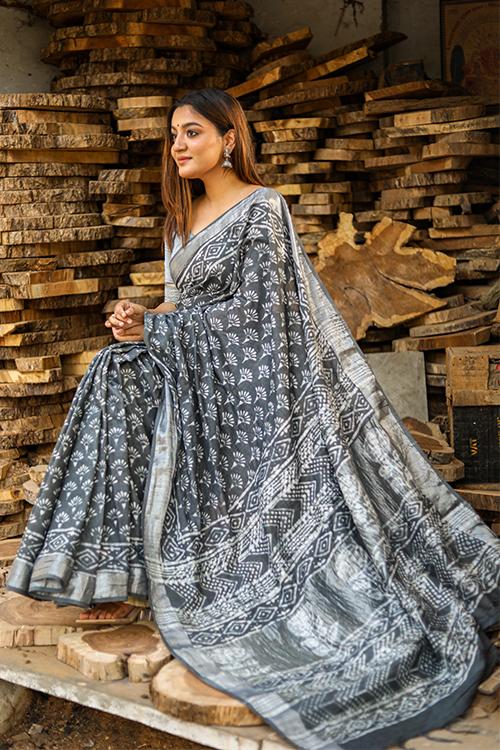 Chalk & Slate: Handblock Printed Slub Cotton Saree