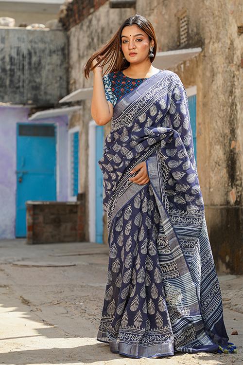 Traditional ties: Handblock Printed Slub Cotton Saree