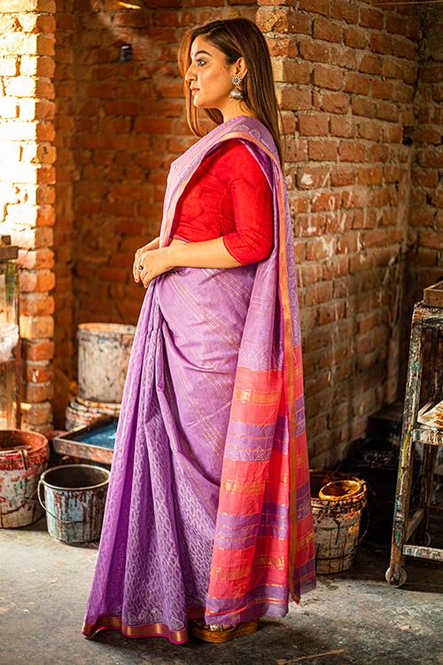 Discharge Handblock Print Maheshwari Silk Saree-16