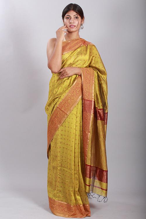 Discharge Handblock Print Maheshwari Silk Saree-18