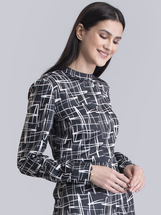 Satin Abstract Print A Line Dress - Black and White