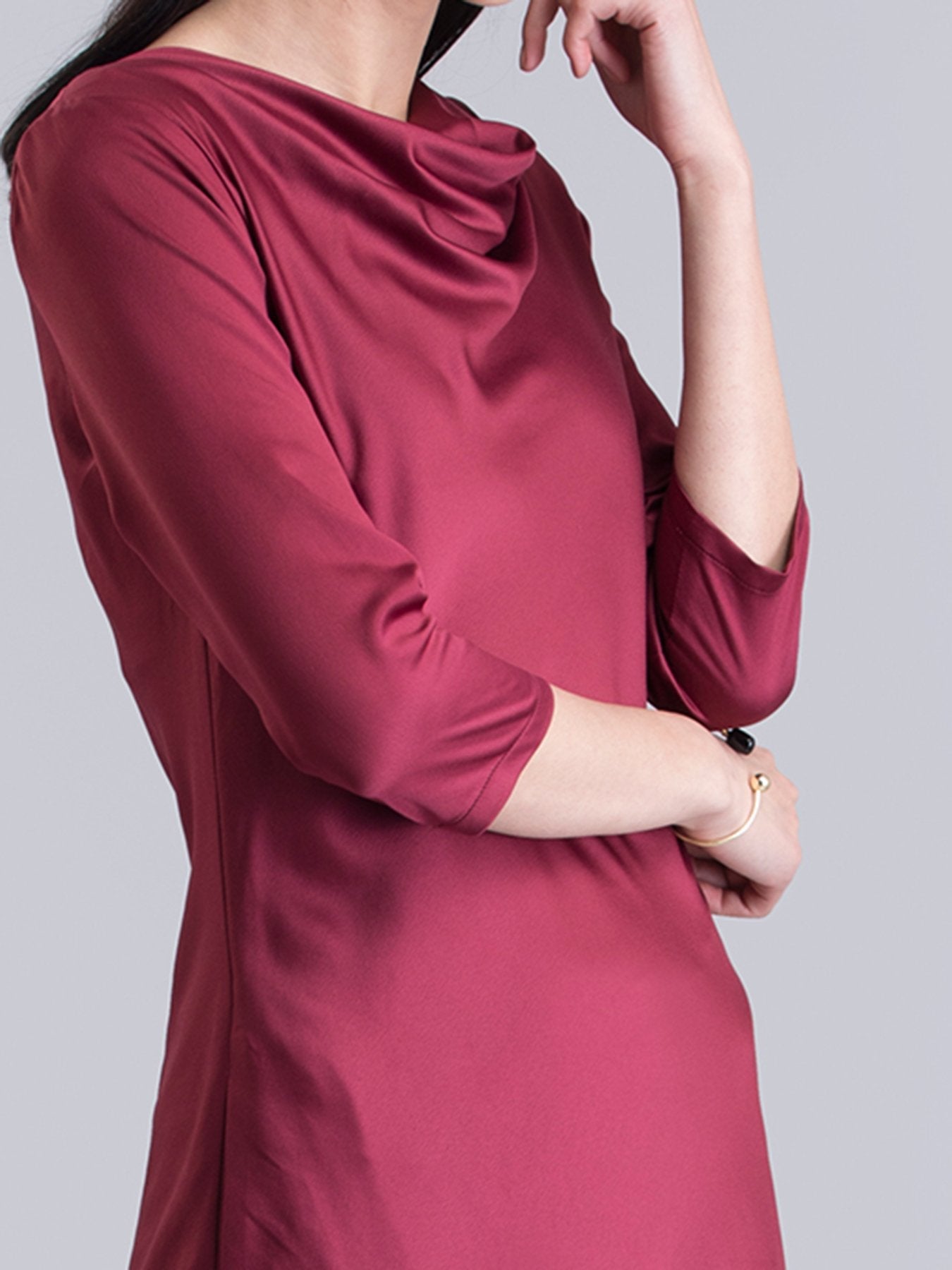 Satin Blend Cowl Neck A Line Dress - Maroon