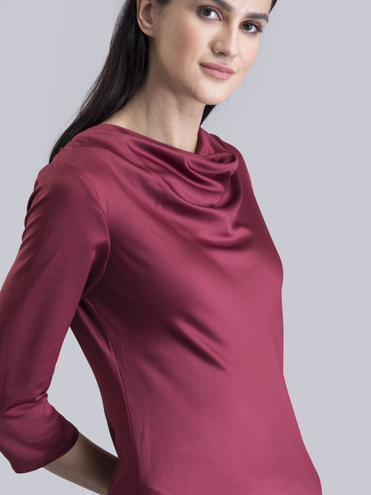 Satin Blend Cowl Neck A Line Dress - Maroon