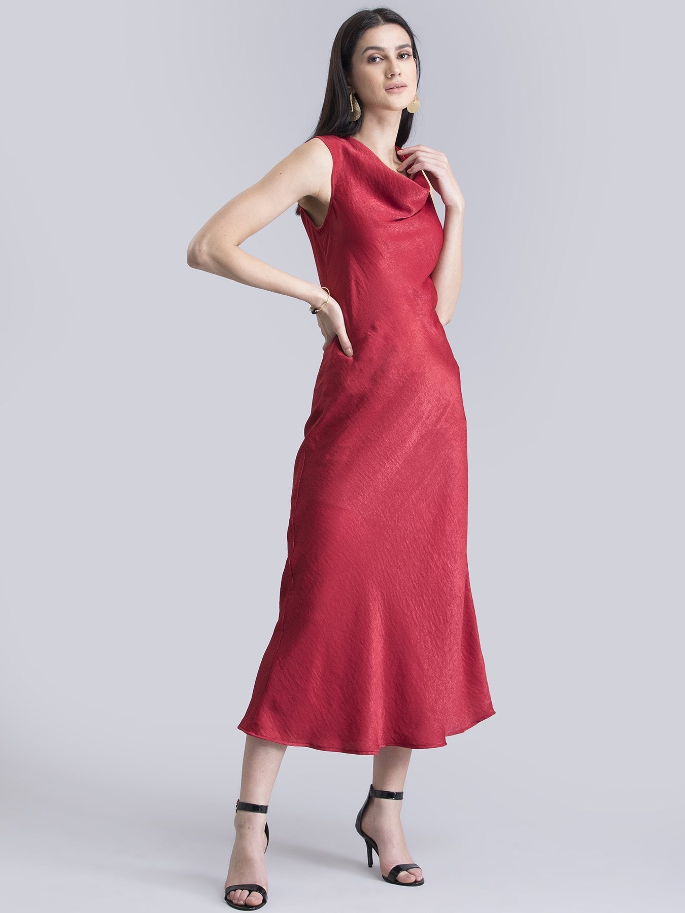 Satin Blend Cowl Neck Bias Dress - Red