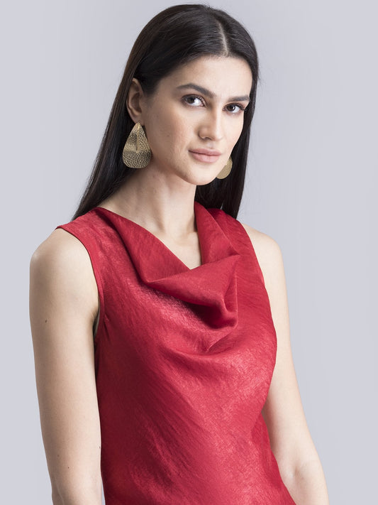 Satin Blend Cowl Neck Bias Dress - Red