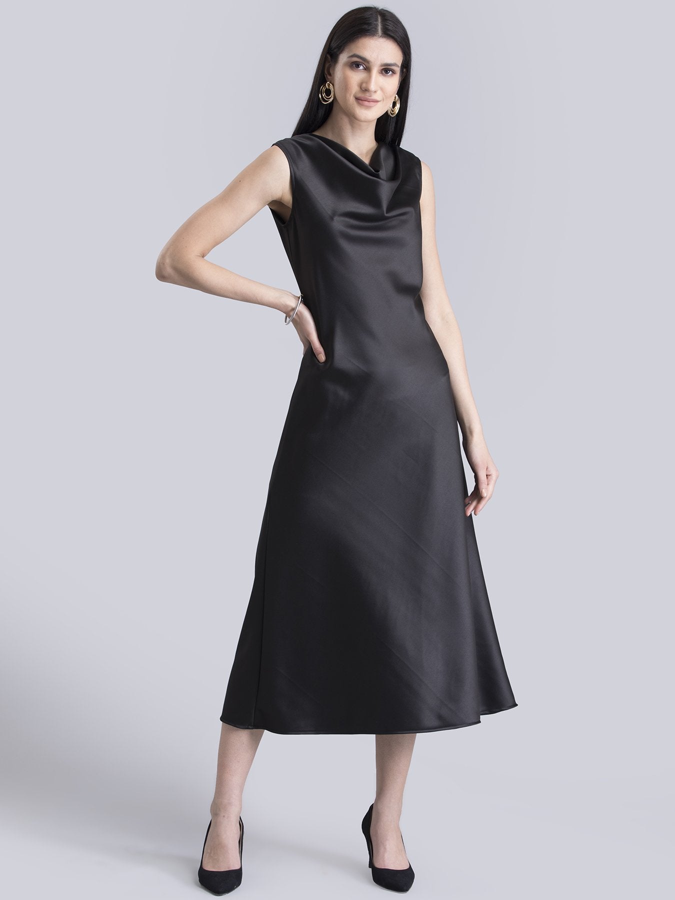 Satin Cowl Neck Midi Dress - Black
