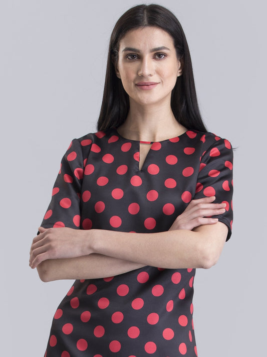 Satin Polka Dot A Line Dress - Black and Red