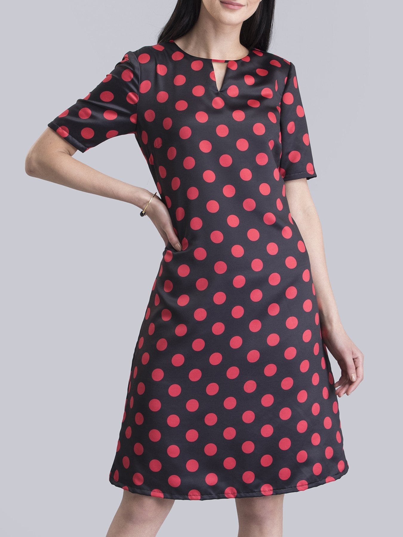 Satin Polka Dot A Line Dress - Black and Red