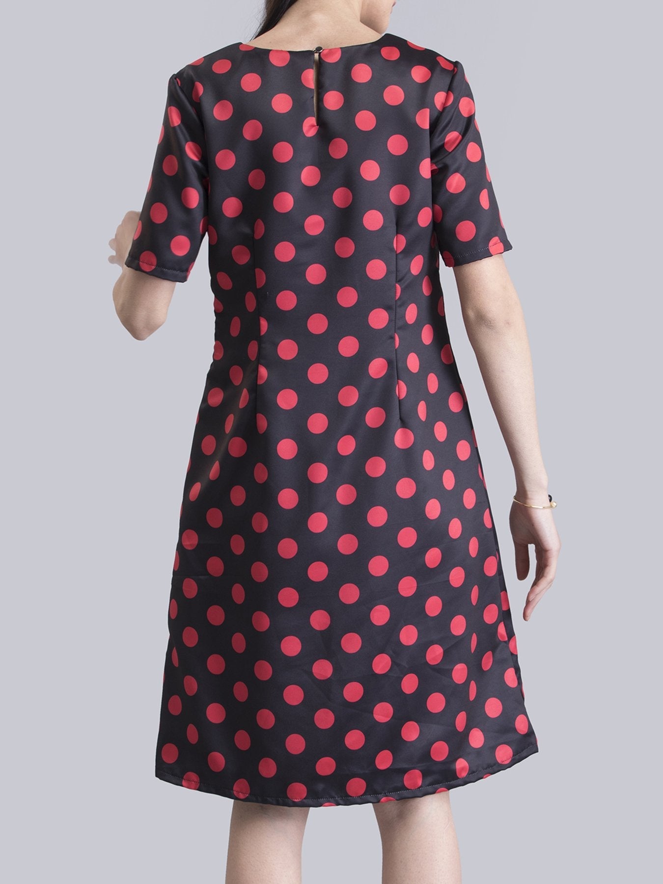Satin Polka Dot A Line Dress - Black and Red