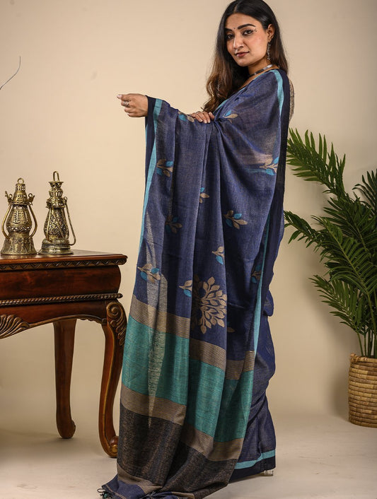 Handwoven Cotton Jamdani Saree (With Blouse Piece) - Navy Blue