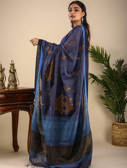 Handwoven Cotton Jamdani Saree (With Blouse Piece) - Navy & Bright Blue