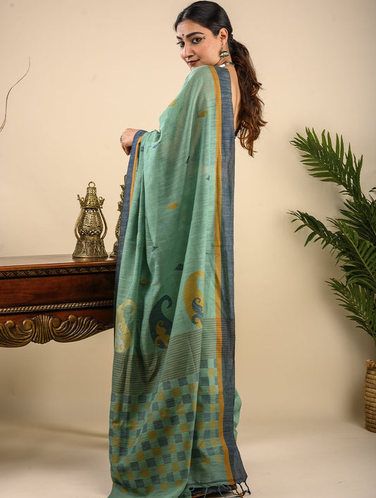 Handwoven Cotton Jamdani Saree (With Blouse Piece)-Sea Green