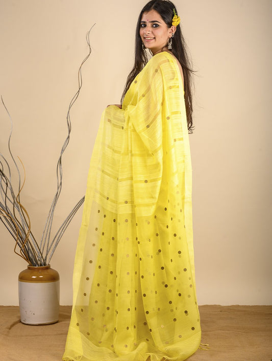 Handwoven Cotton Saree (With Blouse Piece) - Lemon Yellow with Large Gold Sequins