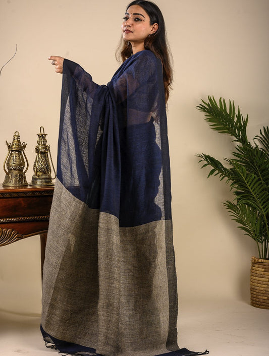 Handwoven Cotton Saree (With Blouse Piece) - Navy Blue & Soft Blue Patli