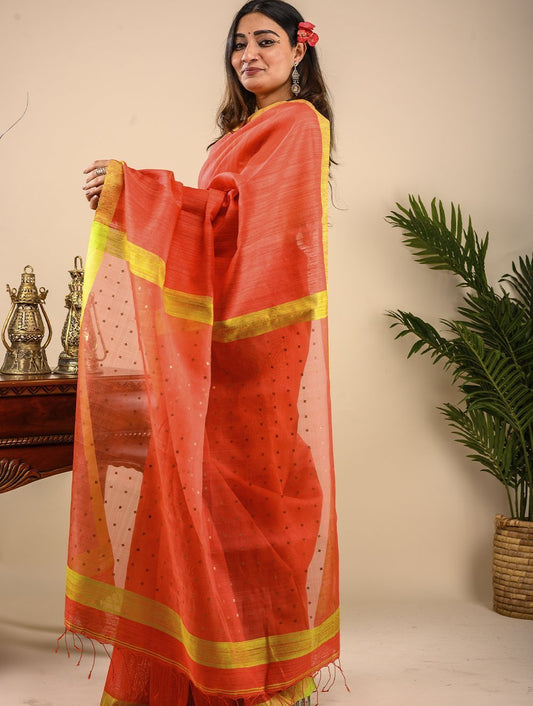 Handwoven Cotton Saree (With Blouse Piece) - Orange & Lime Green Sequin Pallu