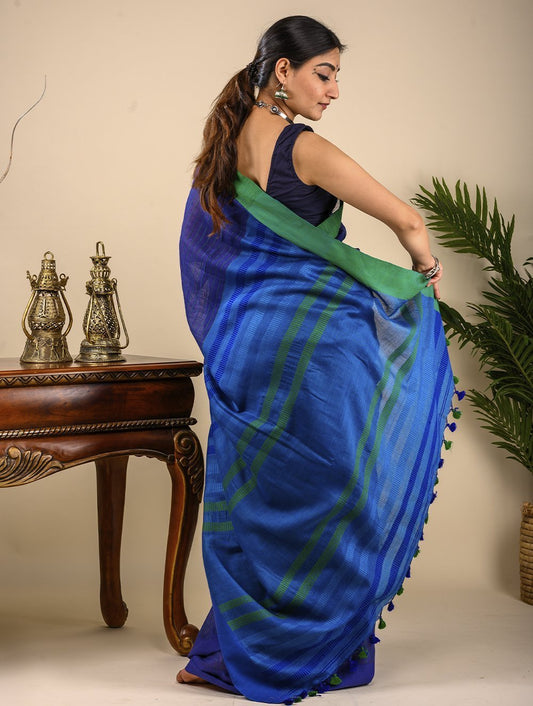 Handwoven Cotton Saree (With Blouse Piece) - Royal Blue