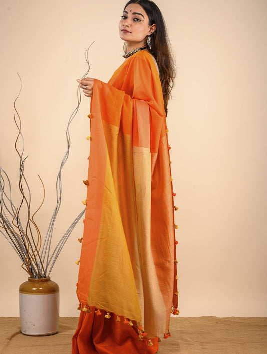 Handwoven Cotton Saree (With Blouse Piece) - Shades Of Orange