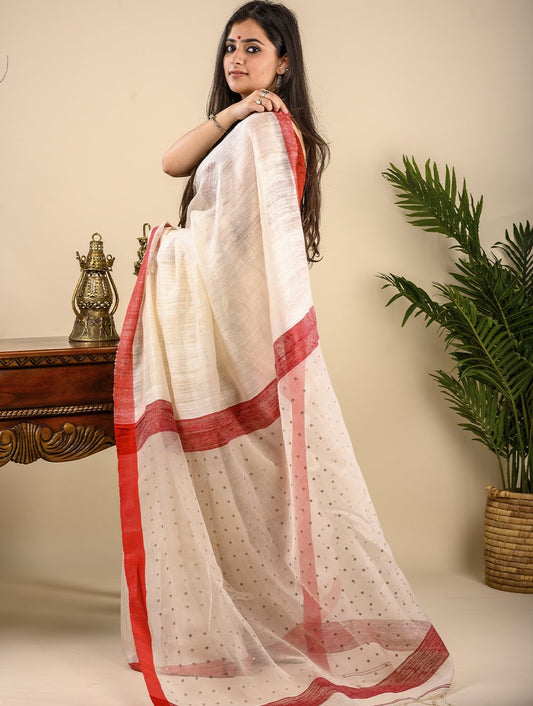 Handwoven Cotton Saree (With Blouse Piece) - White & Red Sequin Pallu