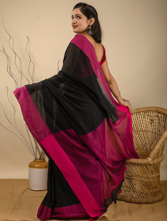 Soft & Striking. Pure Handwoven Cotton Saree (With Blouse Piece)- Striking Black