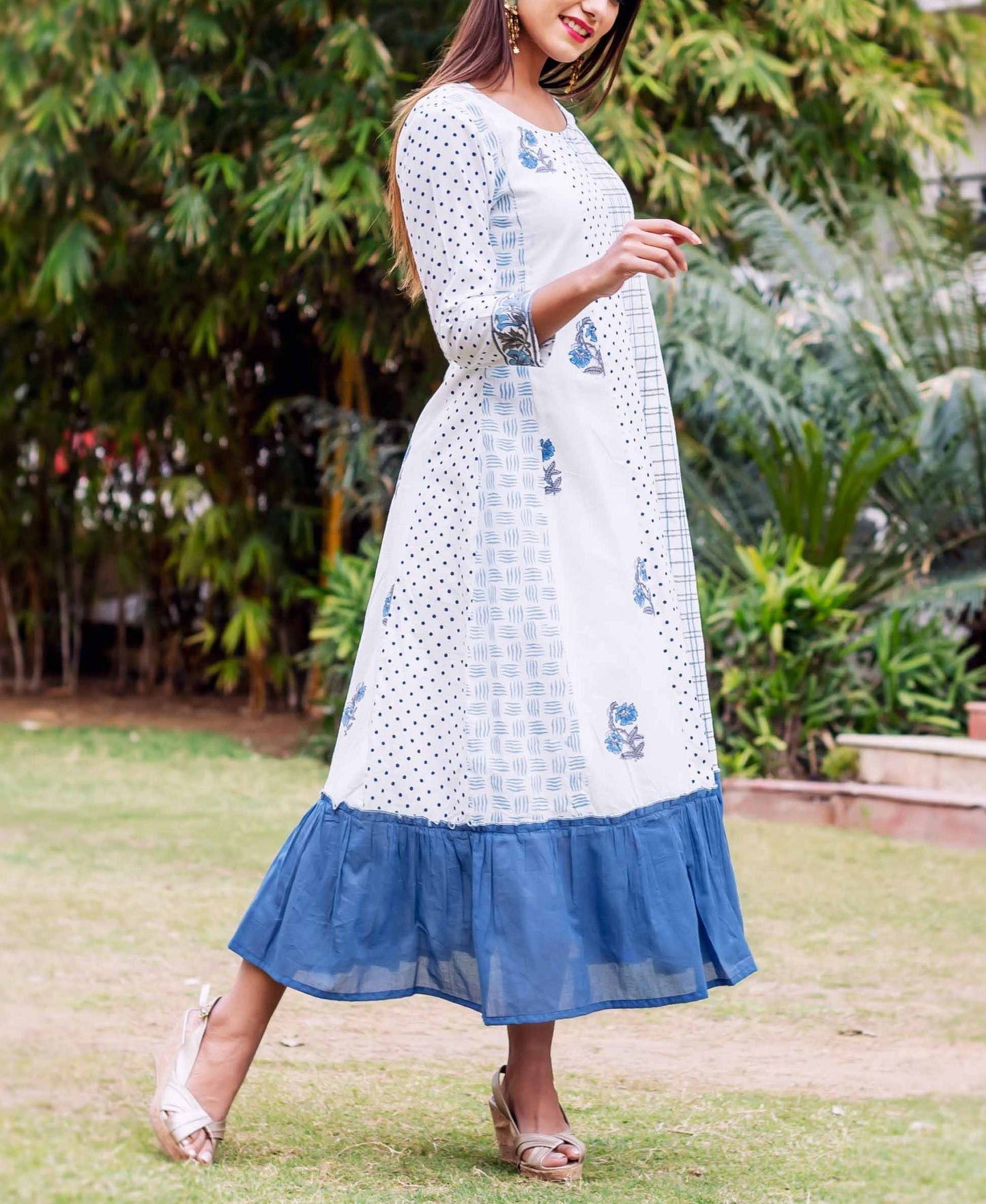 White and Blue Block Printed Dress
