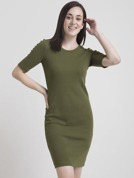 Stretchable Round Neck Shift Dress - Olive