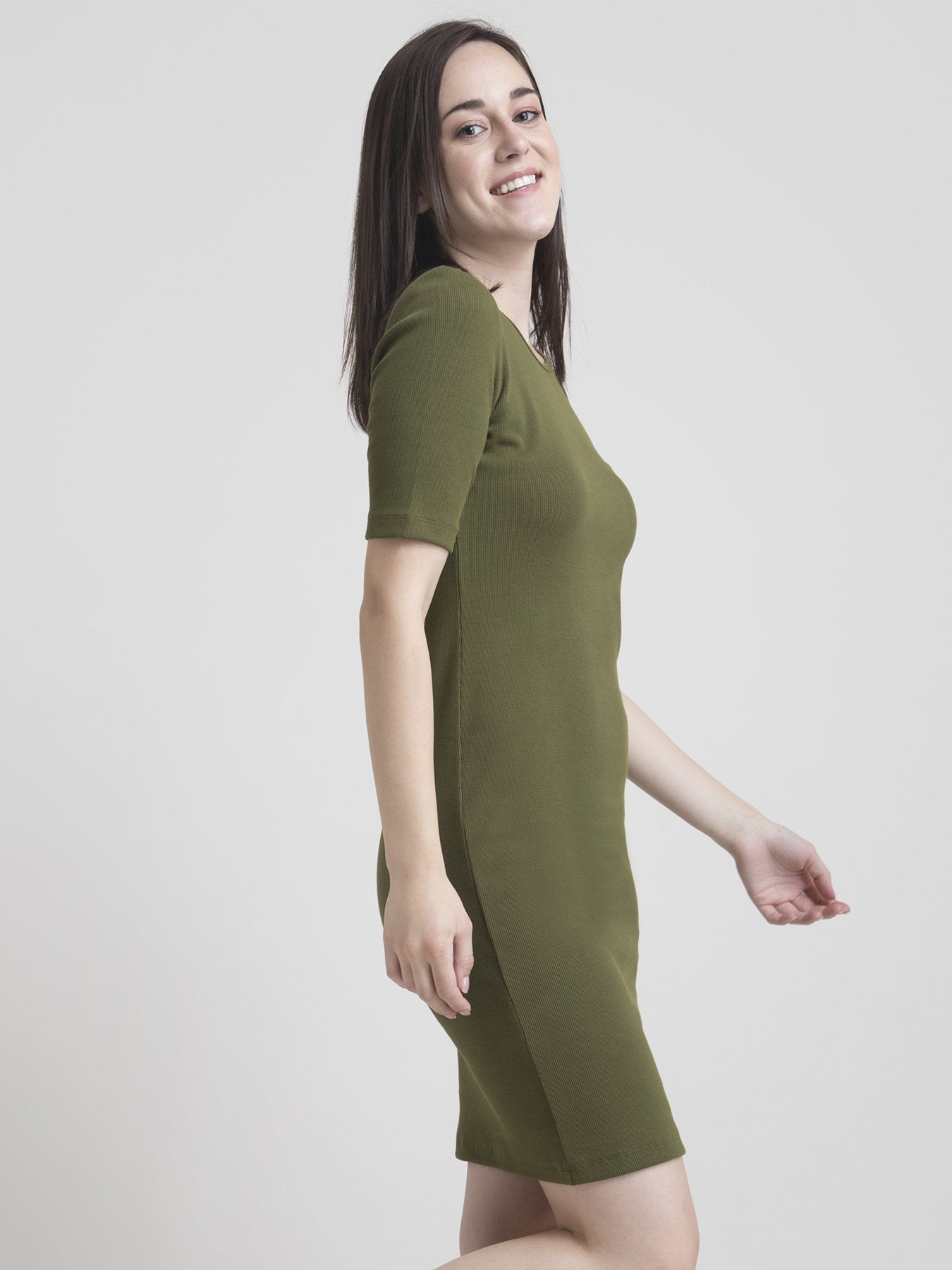 Stretchable Round Neck Shift Dress - Olive