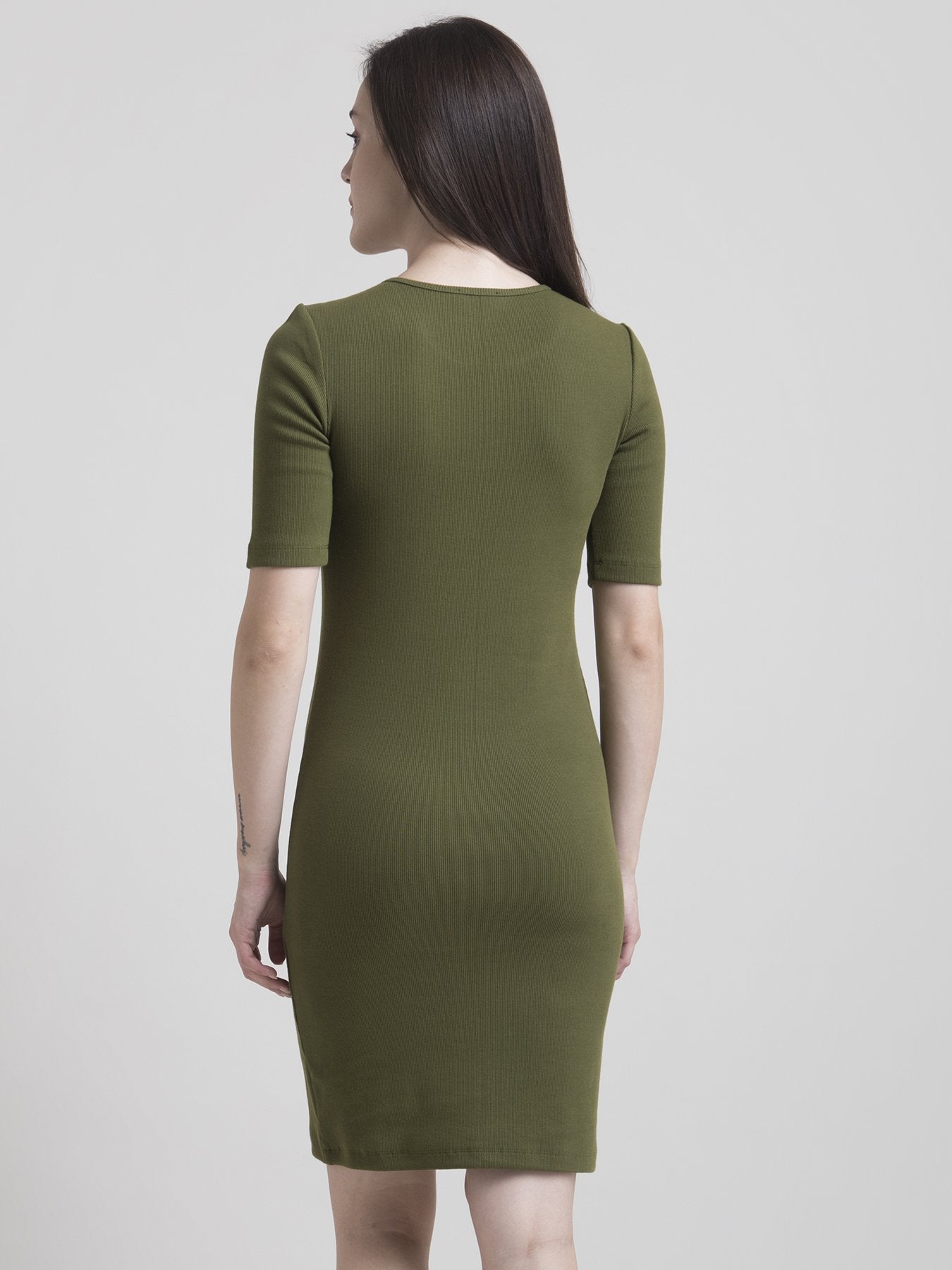 Stretchable Round Neck Shift Dress - Olive