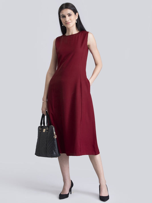 Stylised Neck A Line Dress - Red