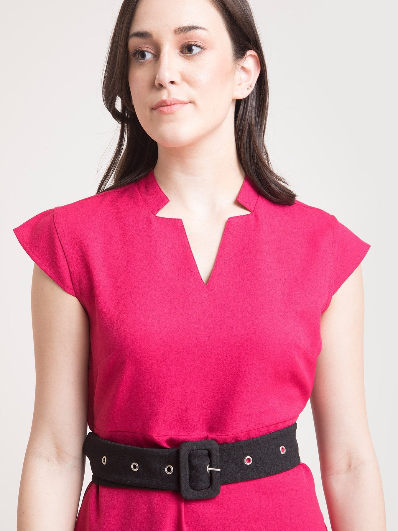 Stylised Neck Belted Fit and Flare Dress - Fuchsia Pink