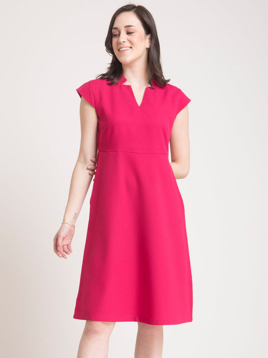 Stylised Neck Belted Fit and Flare Dress - Fuchsia Pink