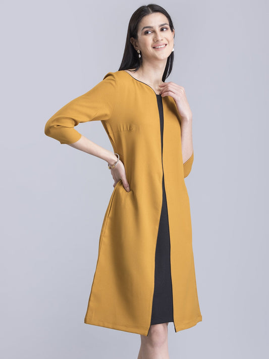 Stylised Neck Colour Block Dress - Mustard and Black