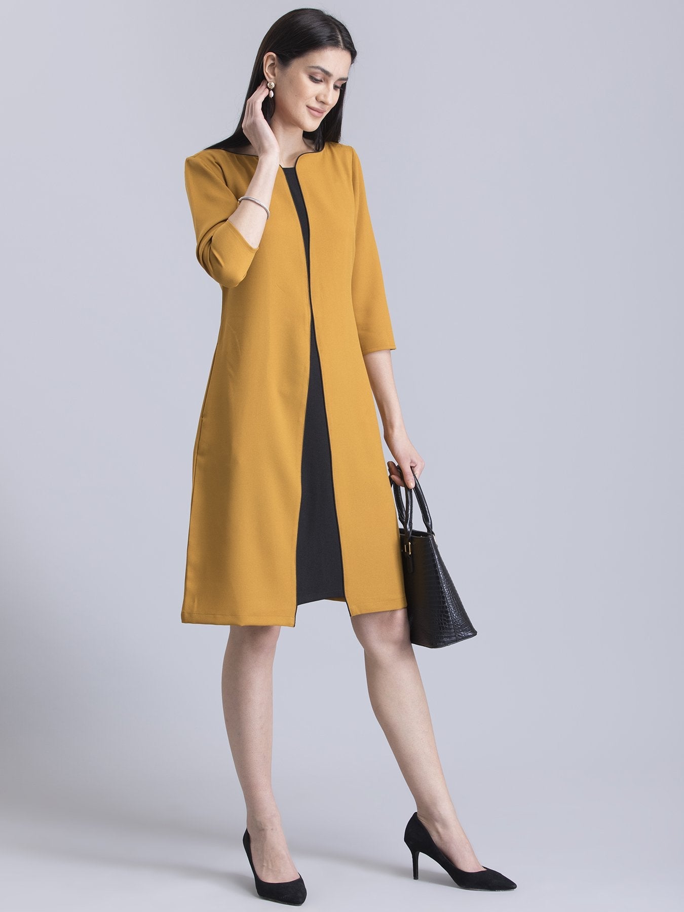 Stylised Neck Colour Block Dress - Mustard and Black