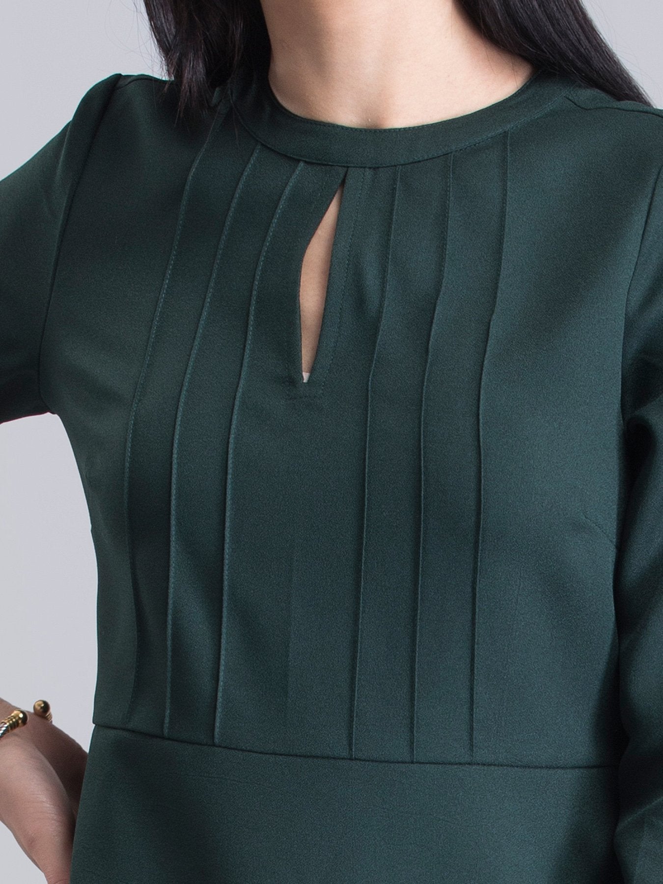 Stylised Neck Pintuck Dress - Green