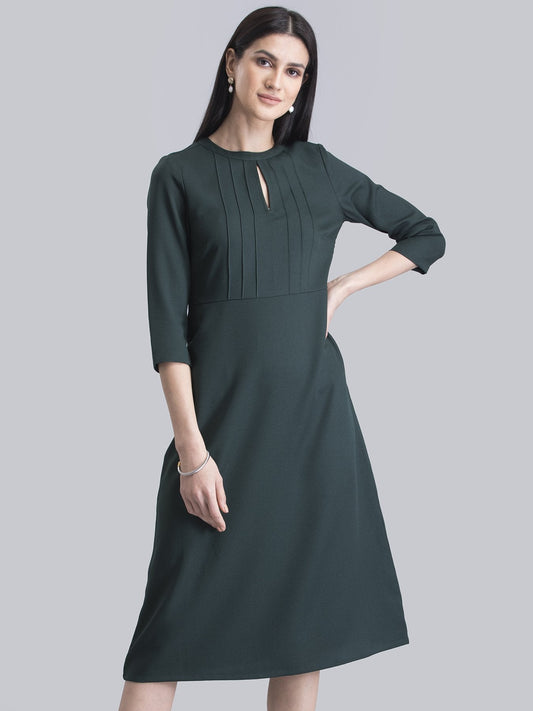 Stylised Neck Pintuck Dress - Green