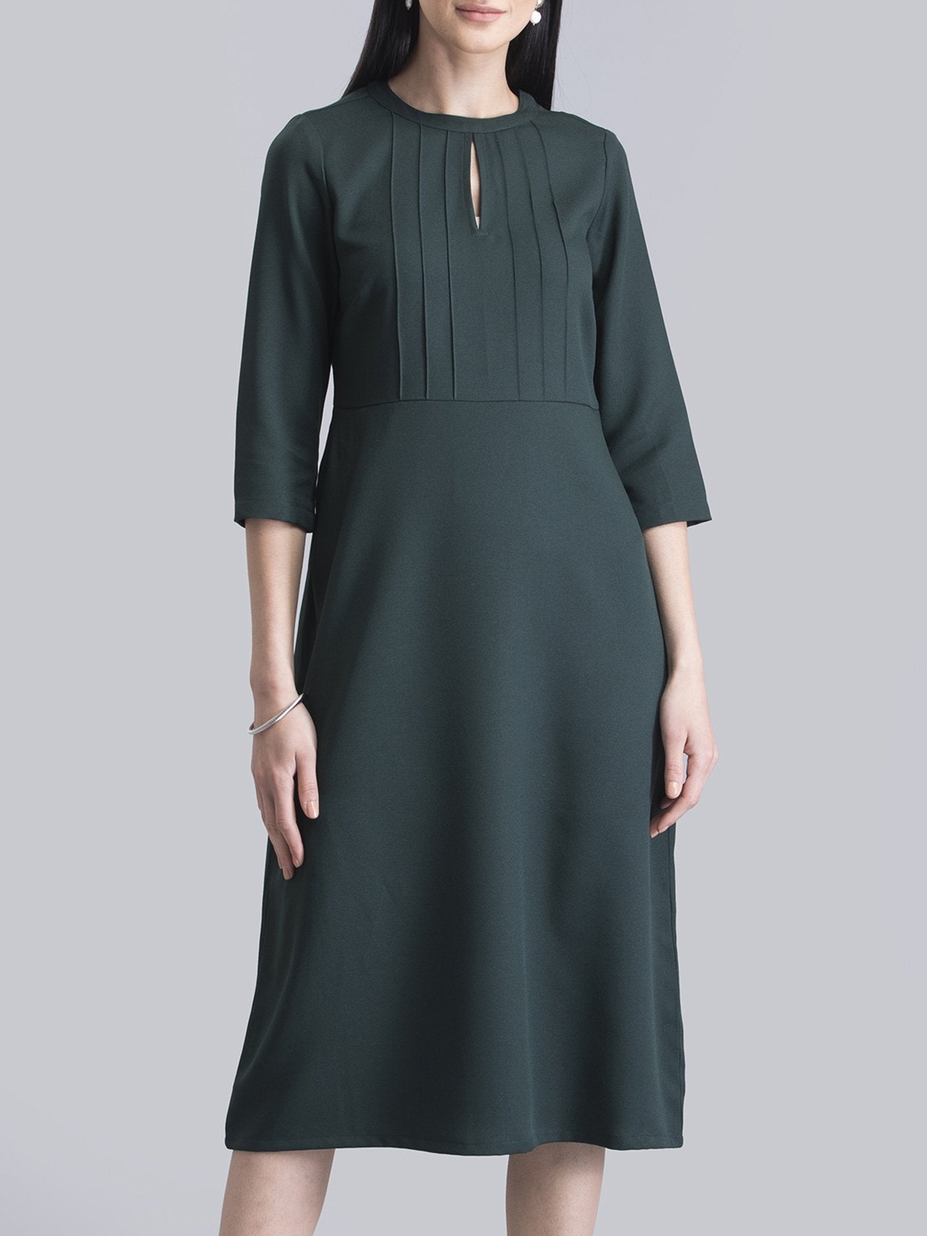 Stylised Neck Pintuck Dress - Green