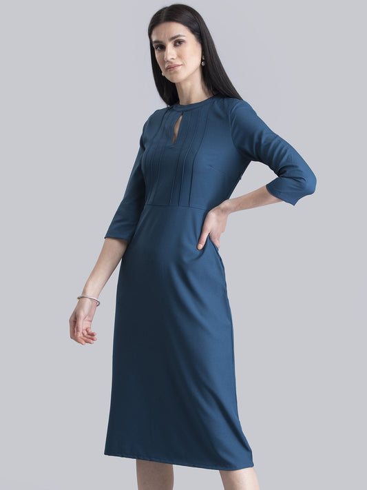 Stylised Neck Pintuck Dress - Teal