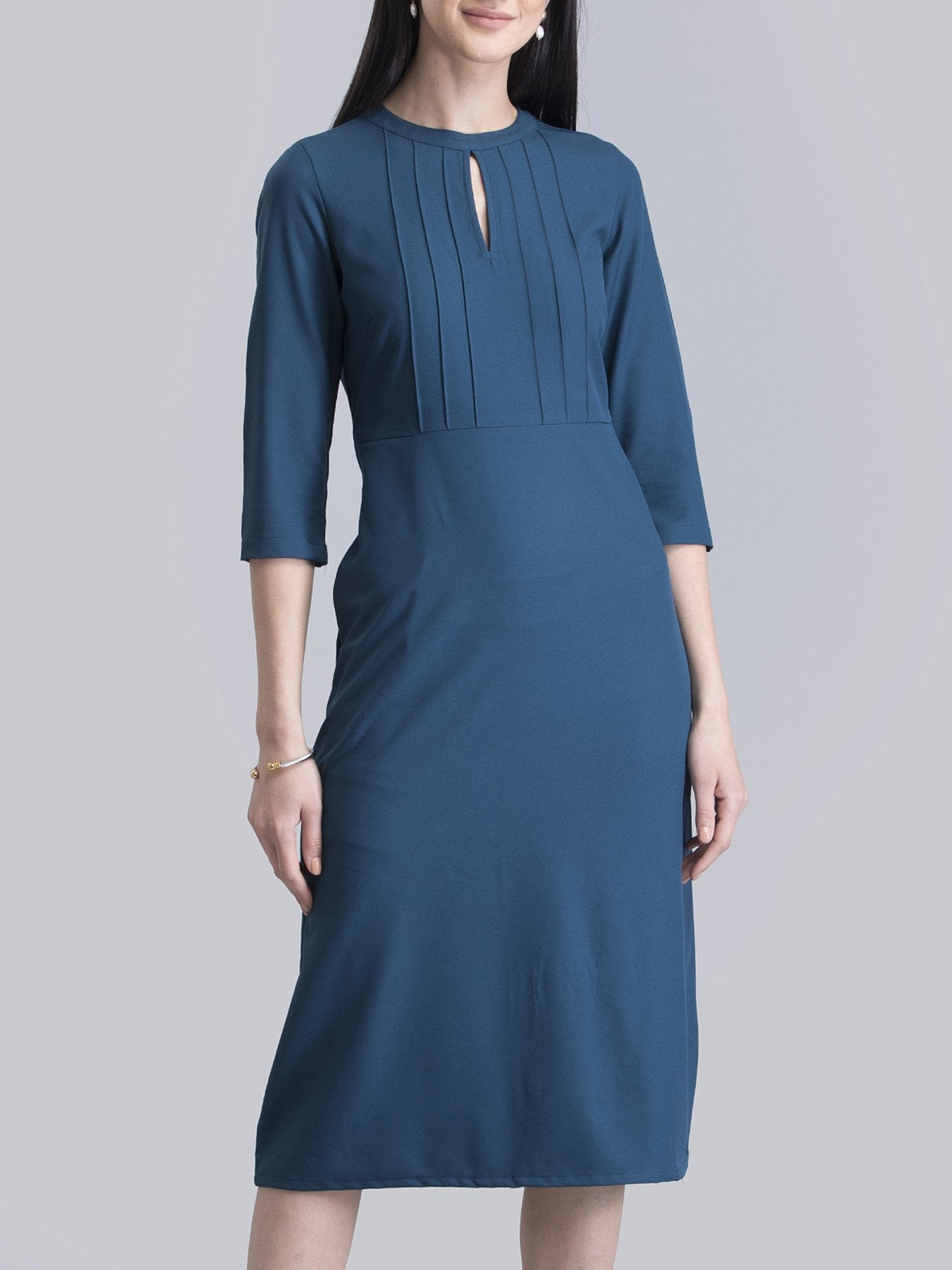 Stylised Neck Pintuck Dress - Teal