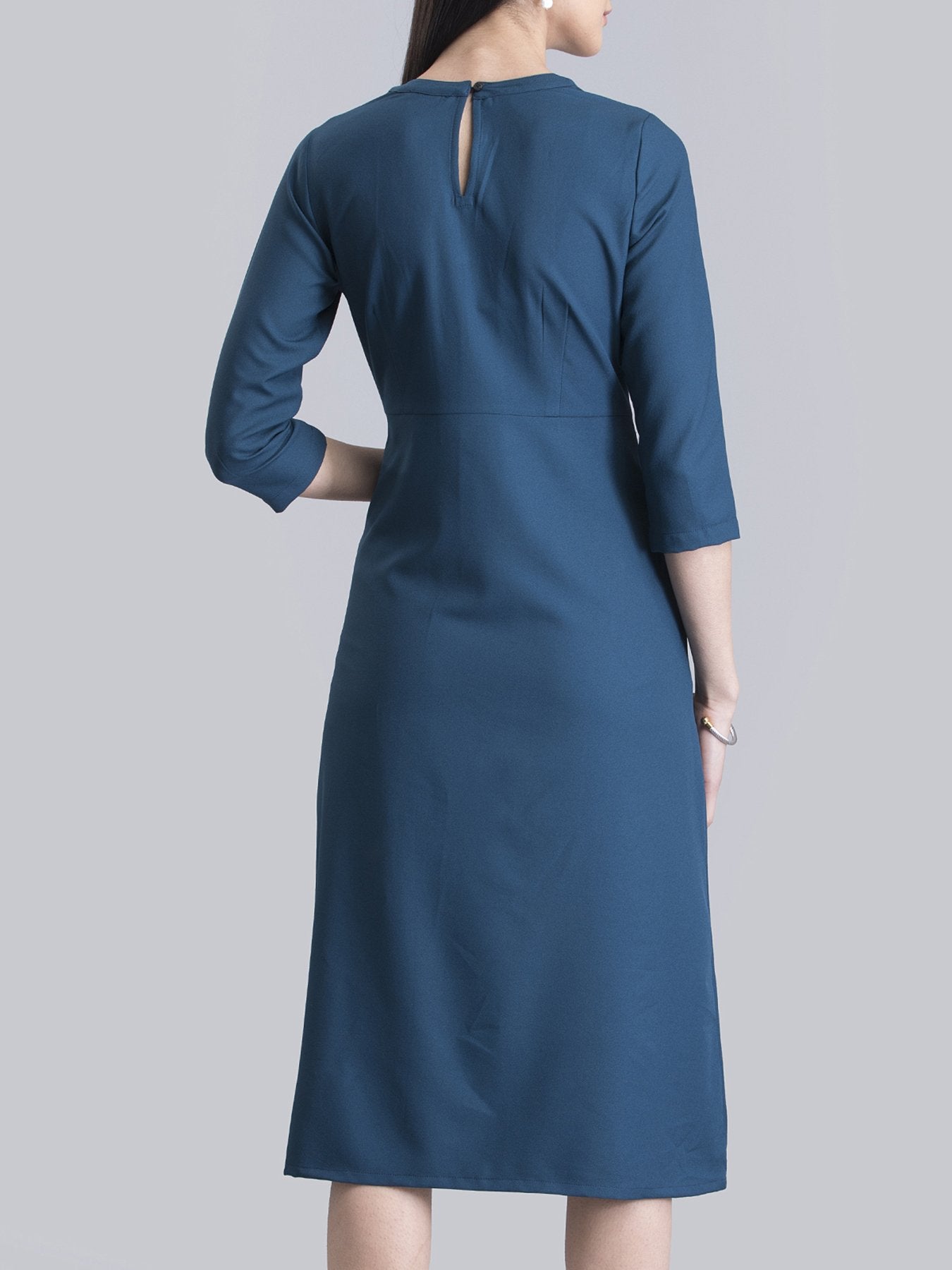 Stylised Neck Pintuck Dress - Teal