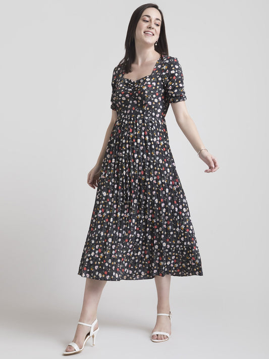 Sweetheart Neck Ditsy Fit and Flare Dress - Black