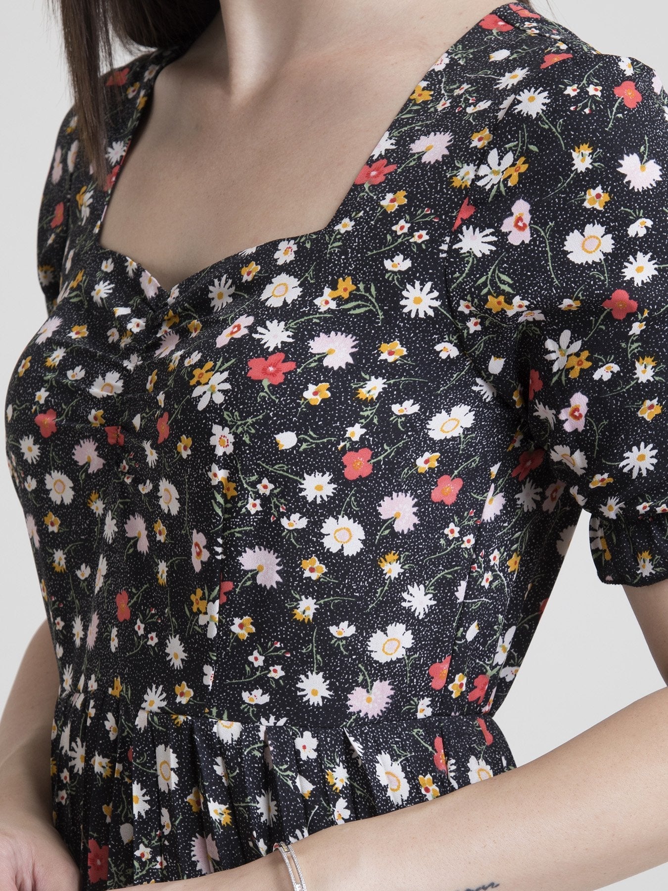 Sweetheart Neck Ditsy Fit and Flare Dress - Black