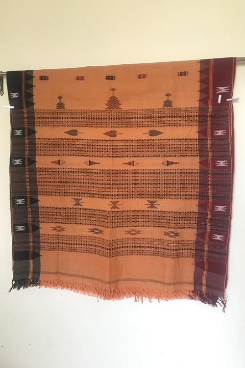 Kotpad' Tribal Odisha Handloom Kosa Saree-Orange/ Maroon & Coffee Border
